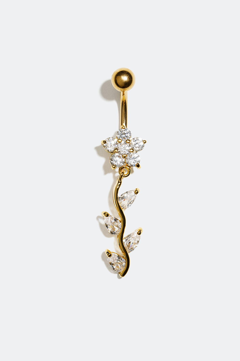 Gullfarget navlepiercing med anheng i form av en blomst og et blad i gruppen Smykker hos Glitter (255000400110)