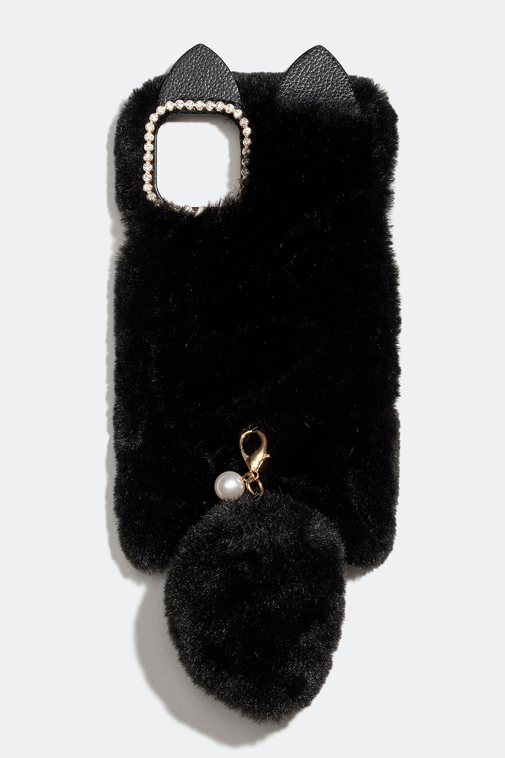 Svart, fluffy mobiltelefondeksel med ører og hale i gruppen Accessories / Mobiltilbehør / Mobildeksel hos Glitter (1740003890)