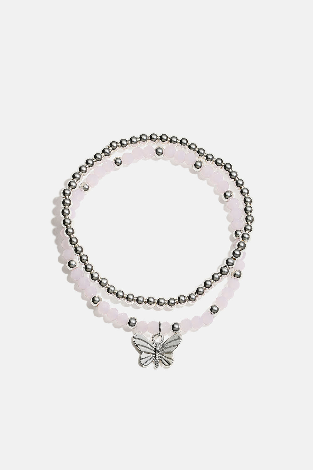 Elastiske armbånd med sommerfugl og rosa og sølvfargede perler, 2-pakning i gruppen Smykker / Armbånd / Flerpakning hos Glitter (251001971001)