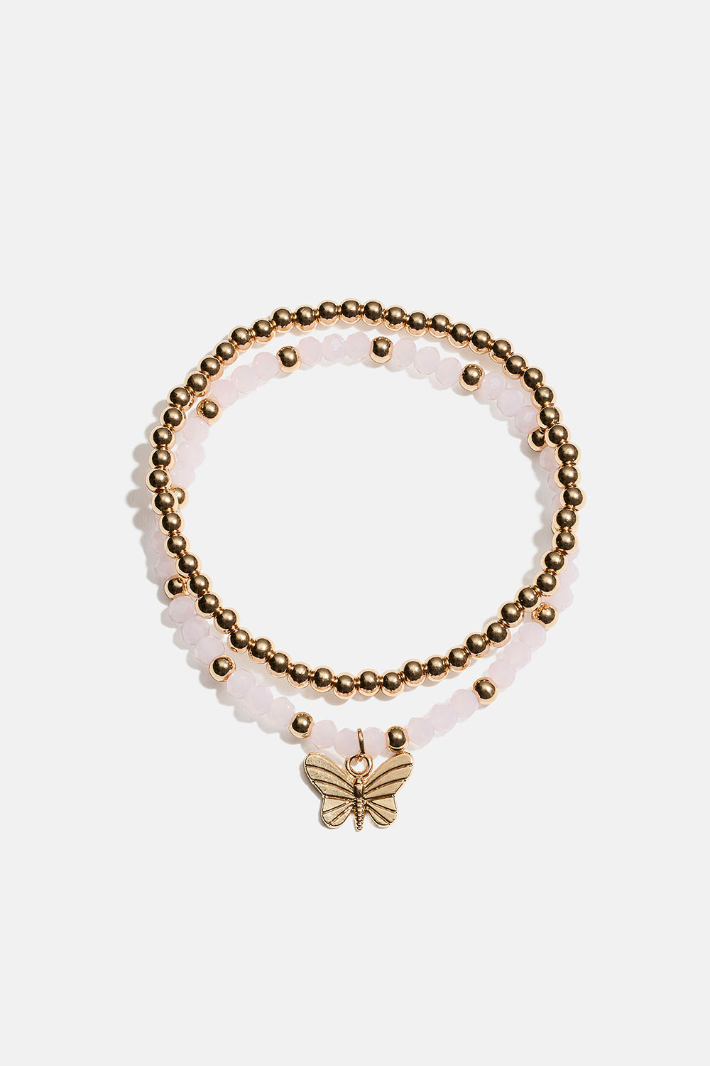 Elastiske armbånd med sommerfugl og rosa og gullfargede perler, 2-pakning i gruppen Smykker / Armbånd / Flerpakning hos Glitter (251001972002)