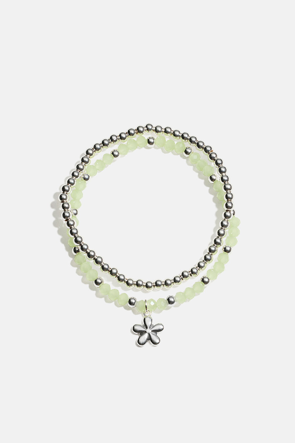 Elastiske armbånd med blomst og grønne og sølvfargede perler, 2-pakning i gruppen Smykker / Armbånd / Flerpakning hos Glitter (251001981001)