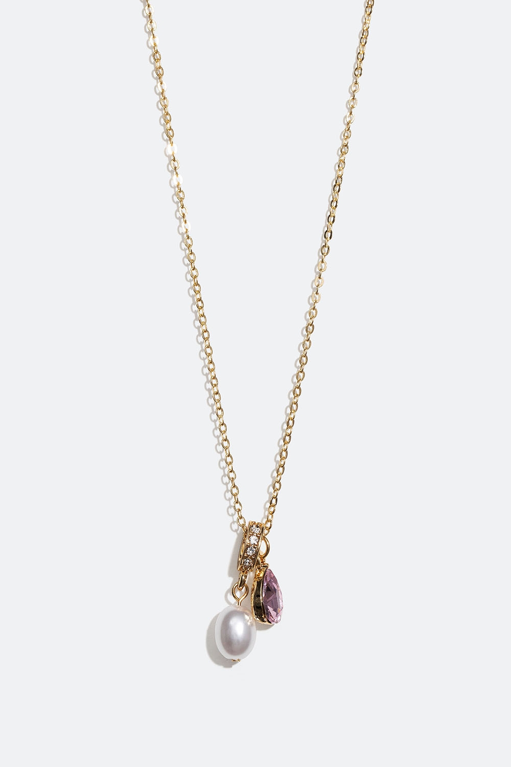 Gullfarget halskjede med perle og rosa glasstein i gruppen Smykker / Halskjeder / Halskjeder med anheng hos Glitter (254001365102)