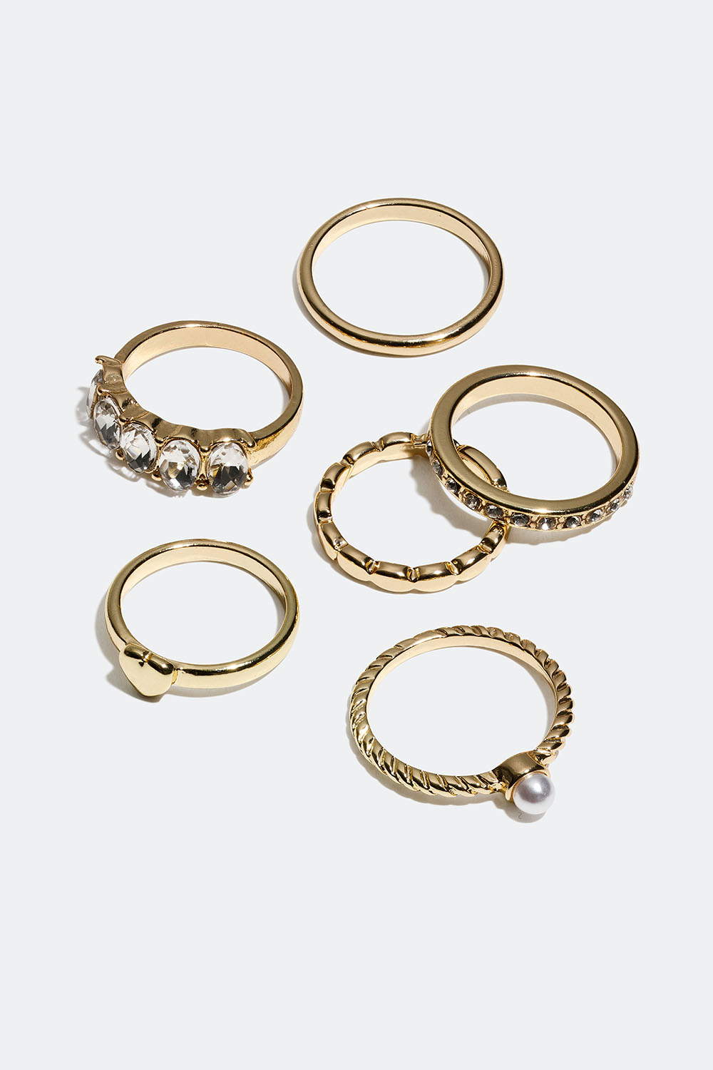 Gullfargede ringer med glassteiner og perler, 6-pakning i gruppen Smykker / Ringer / Flerpakning hos Glitter (256000652016)