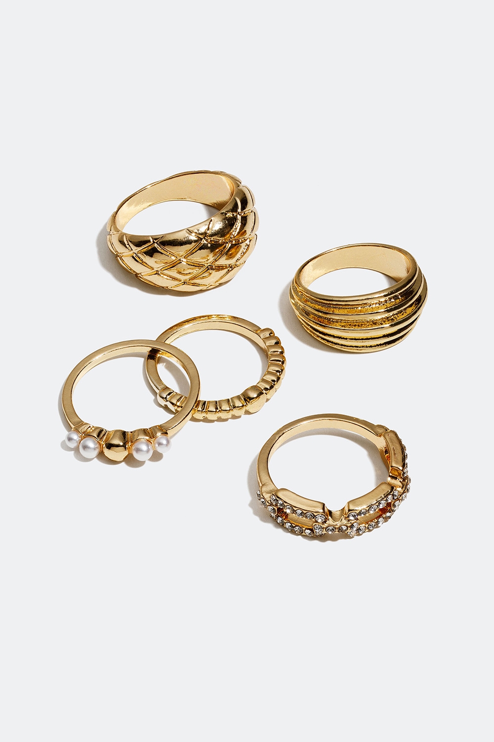 Gullfargede ringer med glassteiner og perler, 5-pakning i gruppen Smykker / Ringer / Flerpakning hos Glitter (25600070)