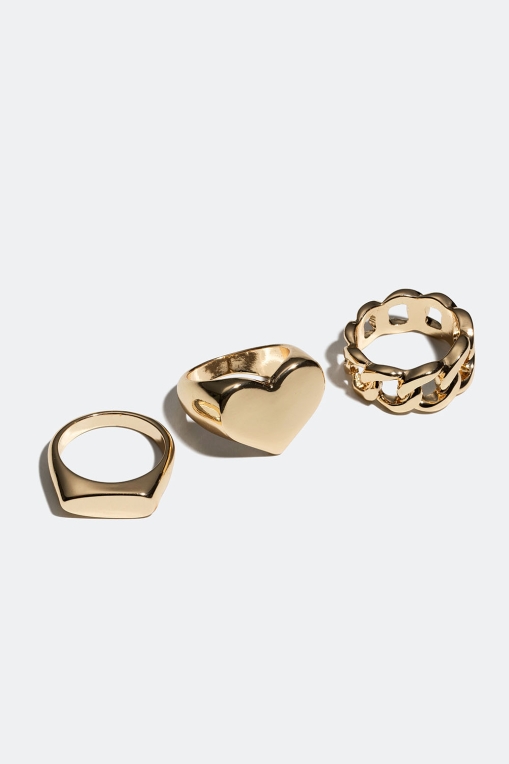 Chunky gullfargede ringer med hjerte og kjede, 3-pakning i gruppen Smykker / Ringer / Flerpakning hos Glitter (256000912)