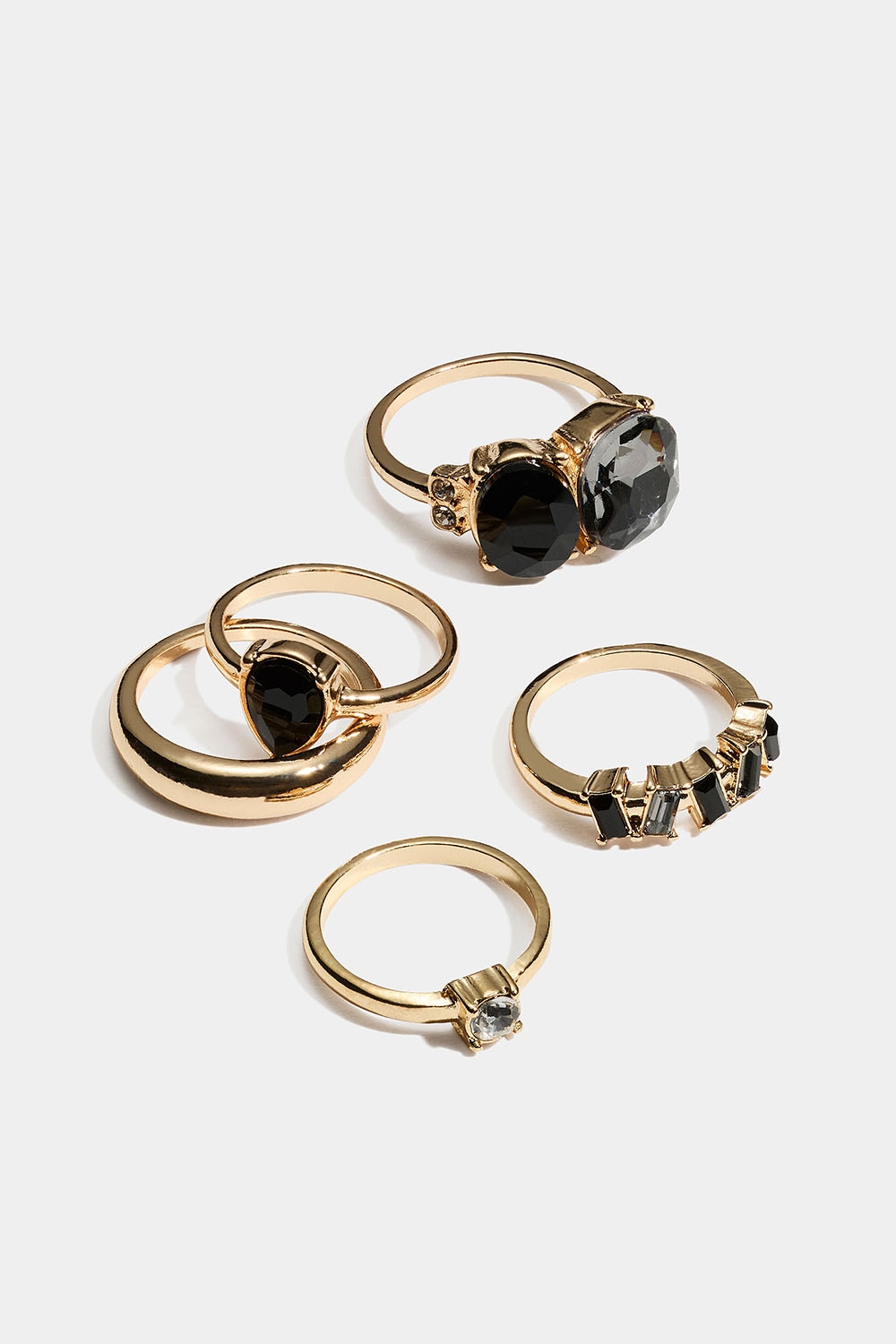 Ringer med svarte og grå glassteiner, 5-pakning i gruppen Smykker / Ringer / Flerpakning hos Glitter (2560016794)