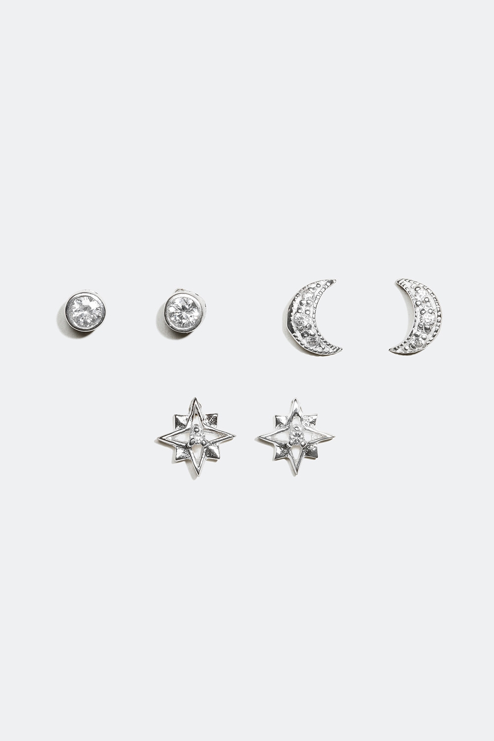 Ørestuds i forskjellige design, måne og stjerne, ekte sølv, 3-pakning i gruppen Ekte sølv / Sølvøredobber / Flerpakning hos Glitter (323417011000)