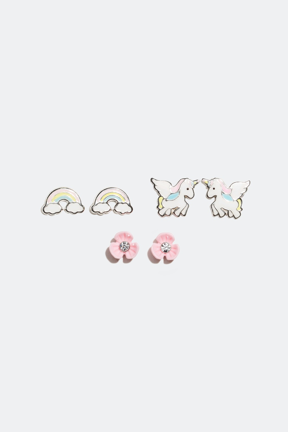 Tre par øredobber i ekte sølv med enhjørning, regnbue og blomst i gruppen Barn / Barnesmykker / Barneøredobber hos Glitter (326285)