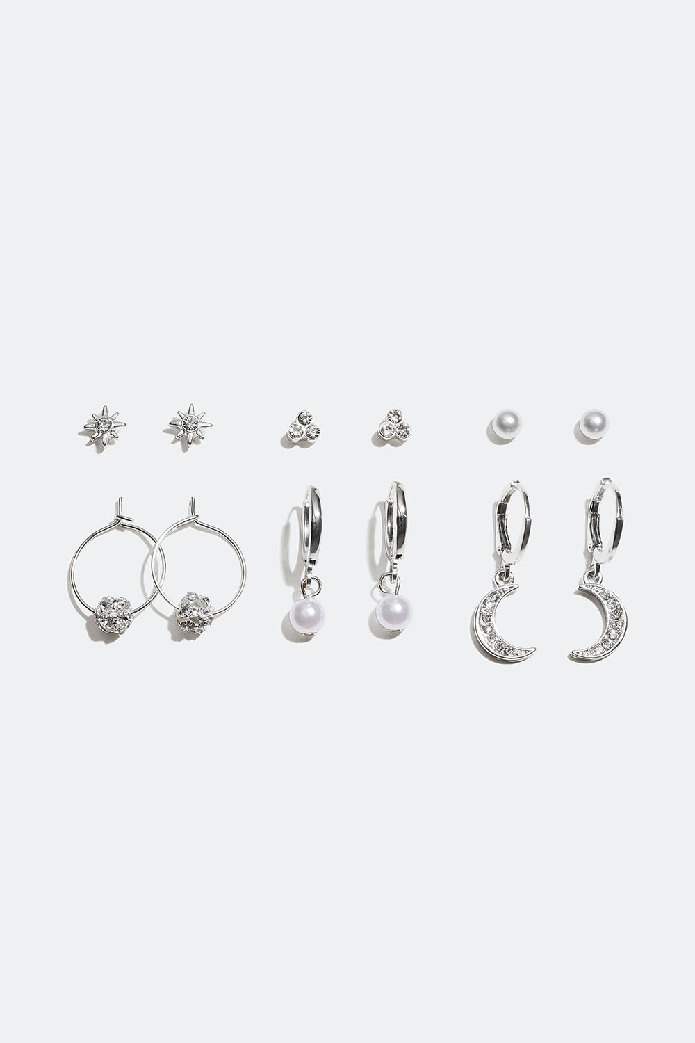 Tre par studs: hvite perler, stjerne og trekant med glassteiner i gruppen Smykker / Øredobber / Flerpakning hos Glitter (326753)