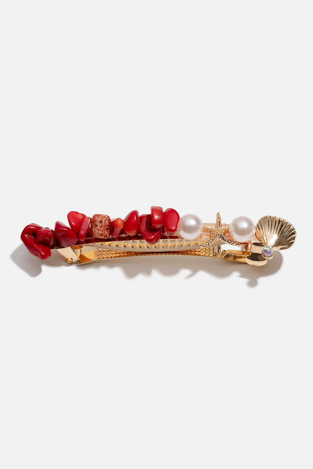 Gullfarget hårspenne med røde perler, skjell og sjøstjerne i gruppen Håraccessories / Spenner & klemmer / Hårspenner hos Glitter (335001186000)