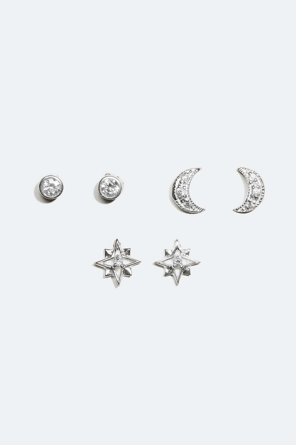 Ørestuds i forskjellige design, måne og stjerne, ekte sølv, 3-pakning