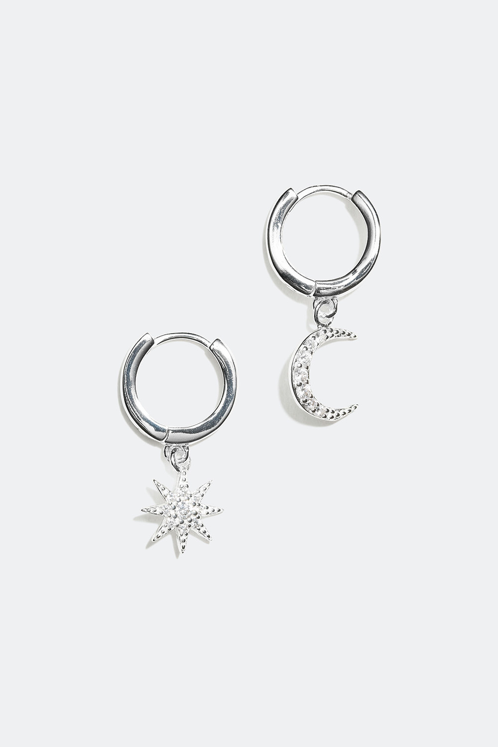 Øreringer i ekte sølv med anheng formet som måne og stjerne, ekte sølv, 1 cm
