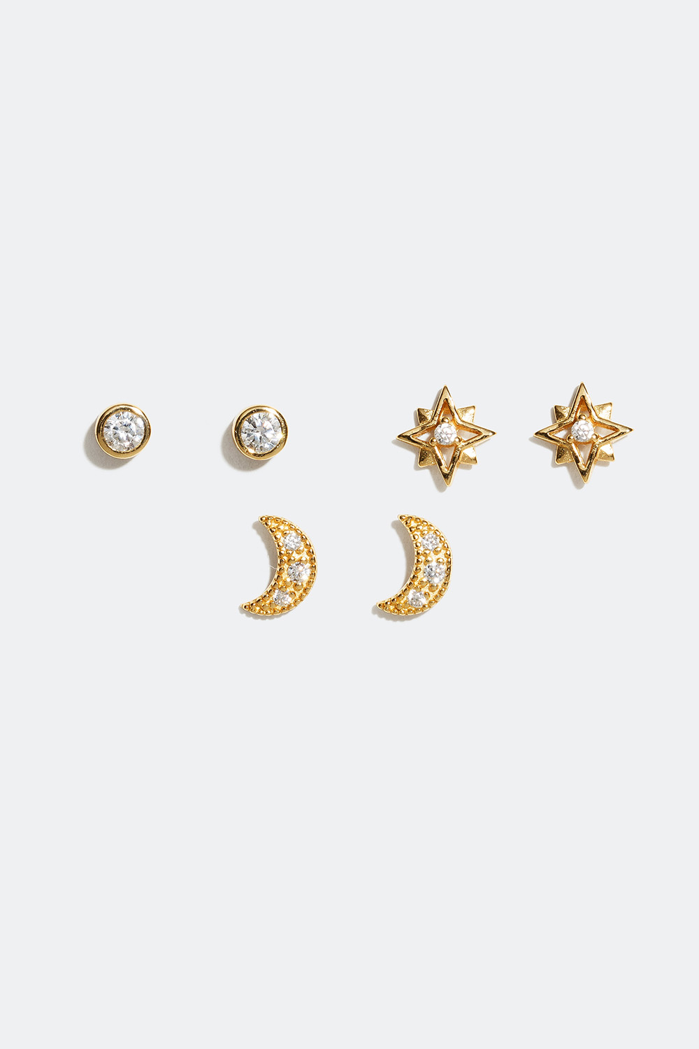 Ørestuds i forskjellige design, måne og stjerne, forgylt med 18K gull, 3-pakning