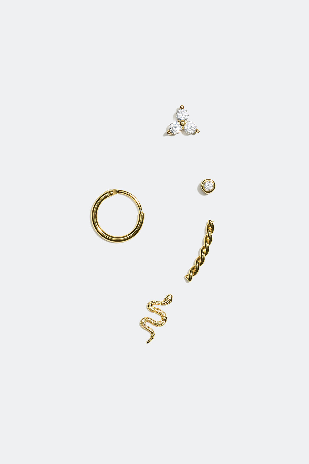 Øreringer og ørestuds med slange, forgylt med 18K gull, 5-pakning