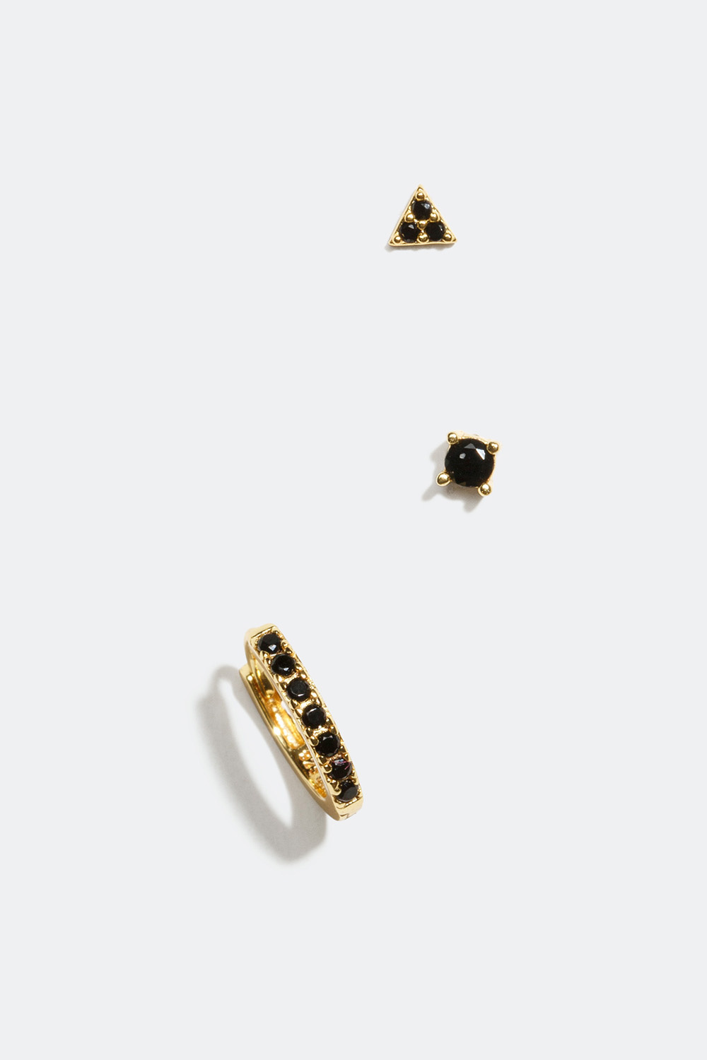Studs med svart Cubic Zirconia, forgylt med 18K gull, 3-pakning