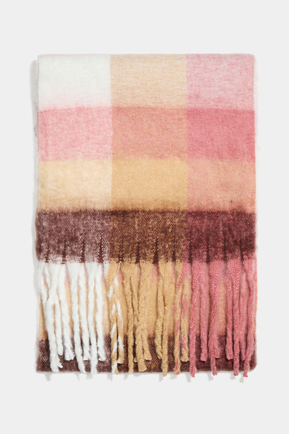 Børstet, rosa og beige skjerf med rutete mønster