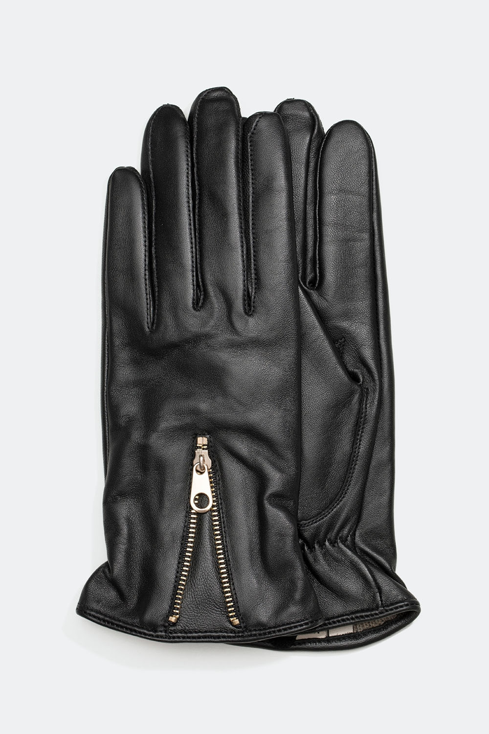 Svarte skinnhansker med gullfarget glidelås