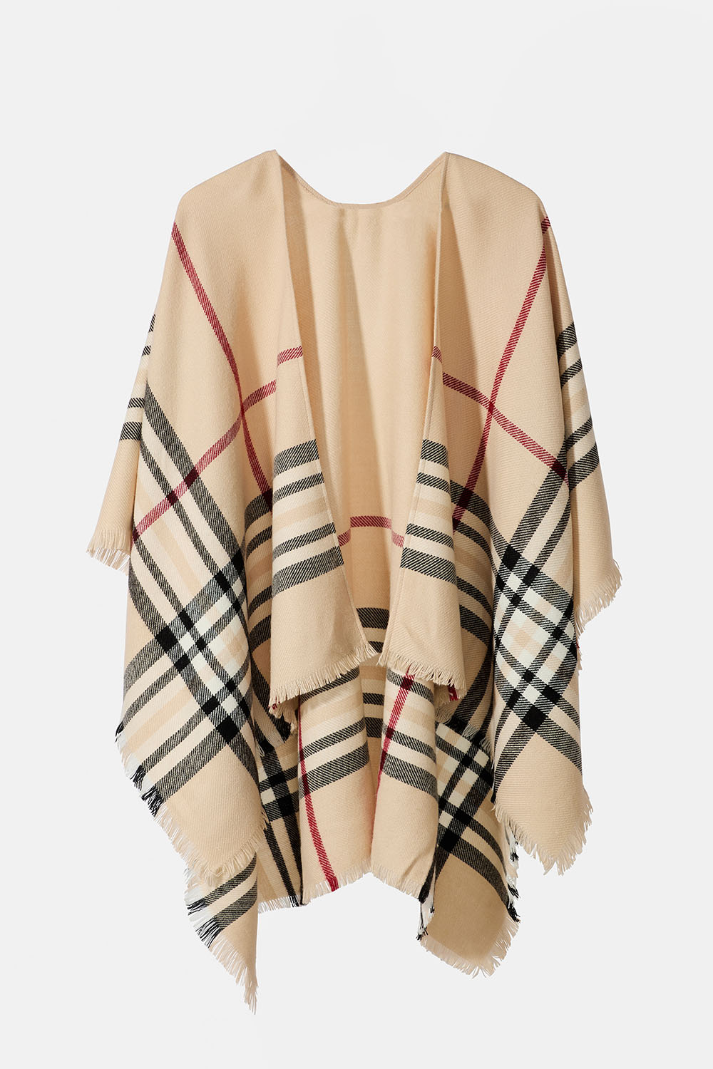 Beige rutete poncho med frynser