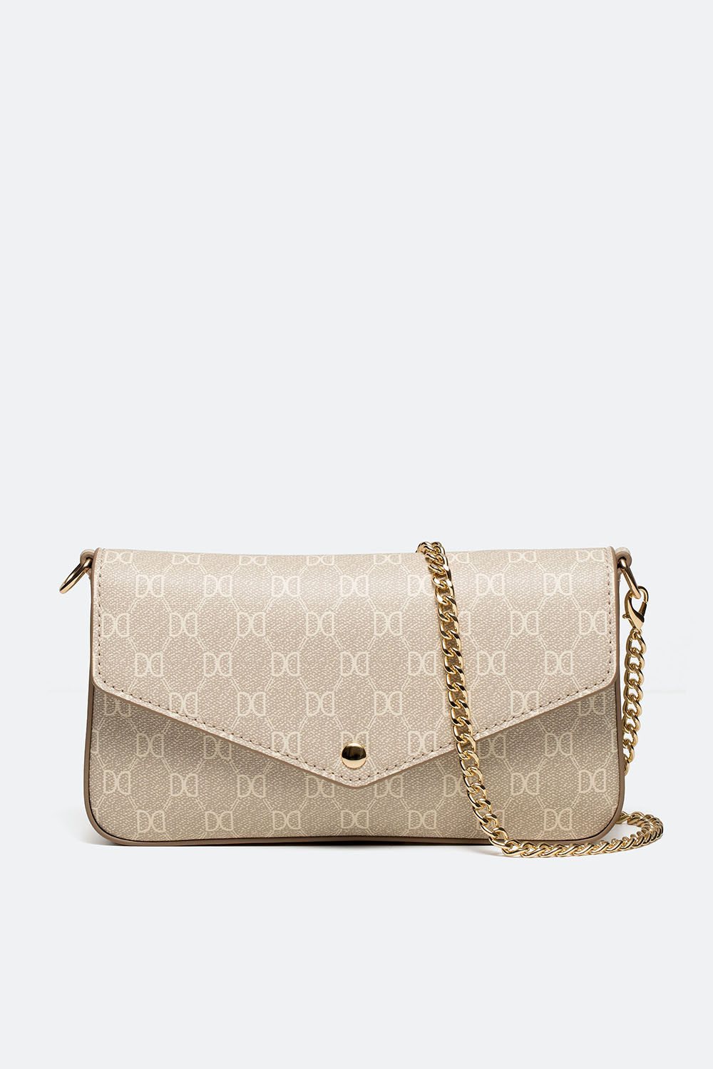 Liten lys beige mønstret veske med kjederem