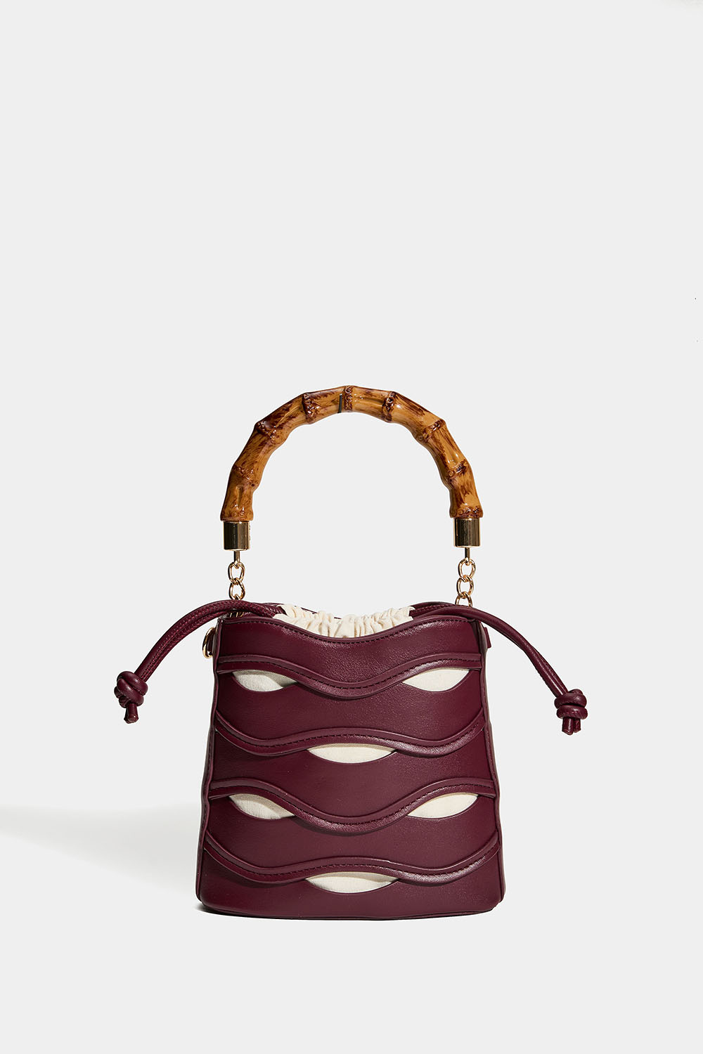 Vinrød bucketveske med topphåndtak i bambusmønster