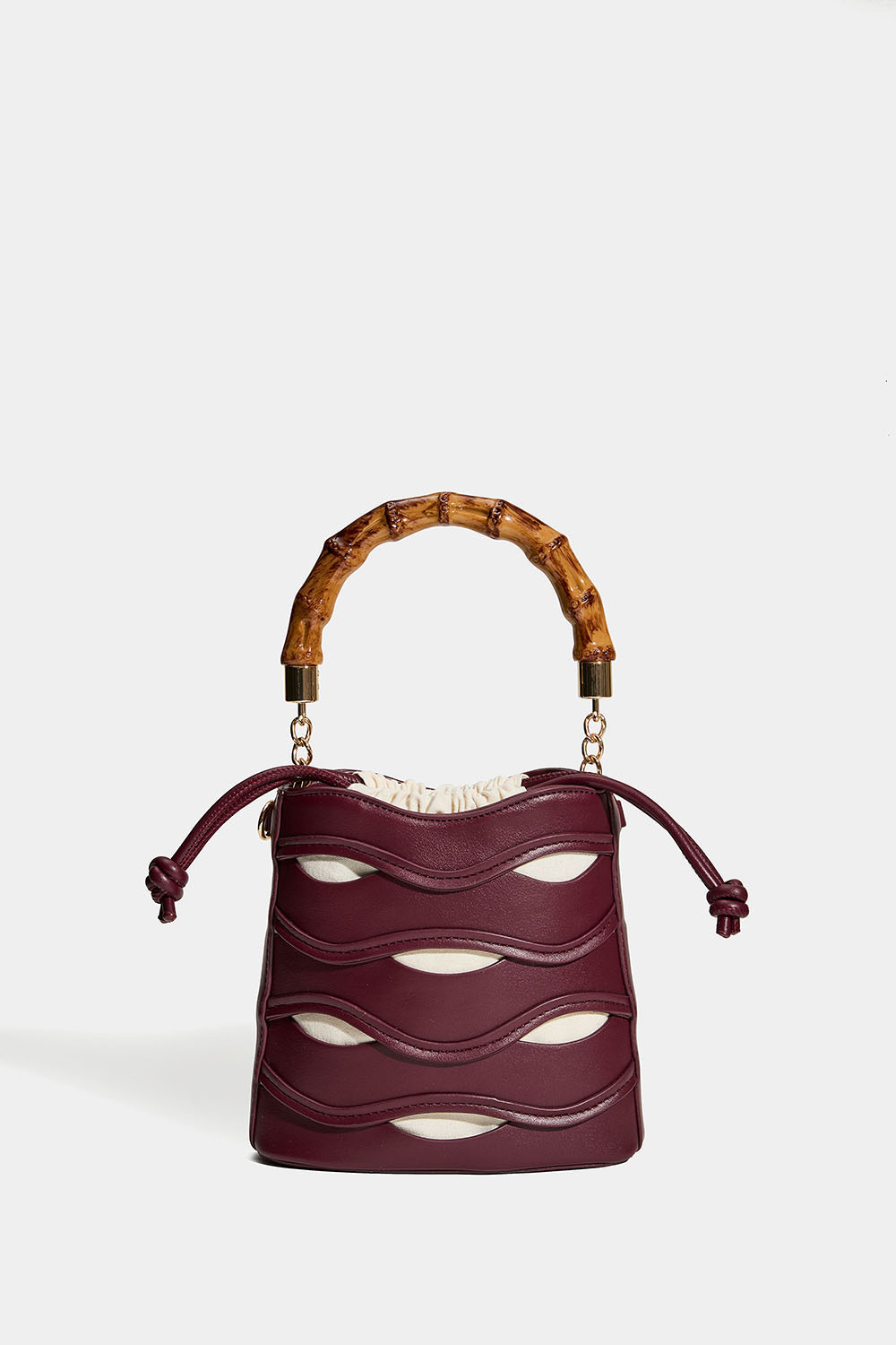 Vinrød bucketveske med topphåndtak i bambusmønster