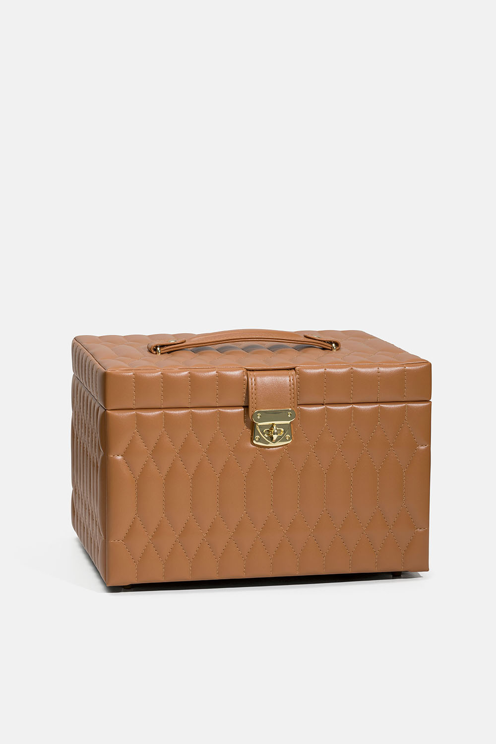 Stort smykkeskrin i mørk beige med vattert overflate