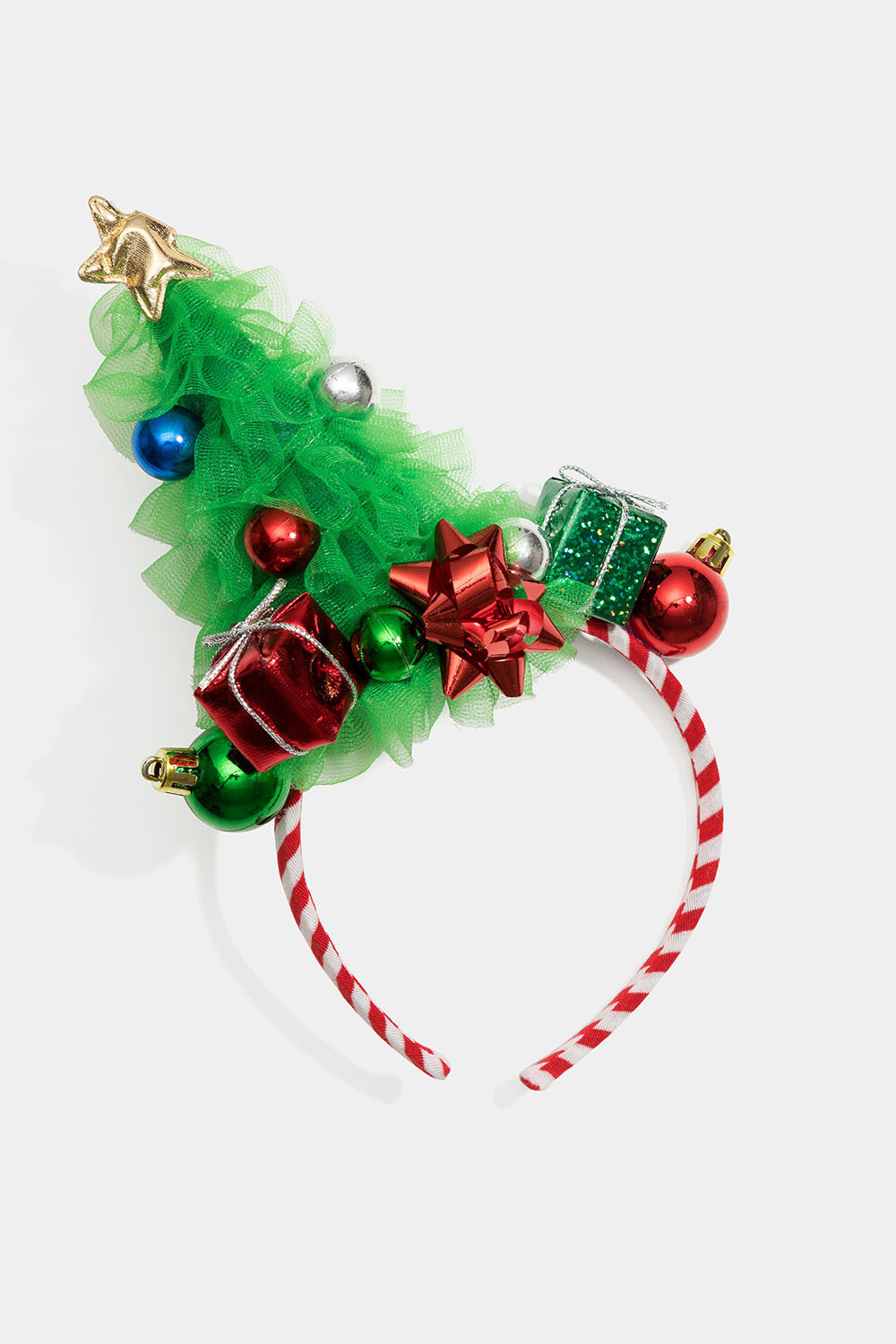 Hårbøyle med juletre, julegaver og julekuler