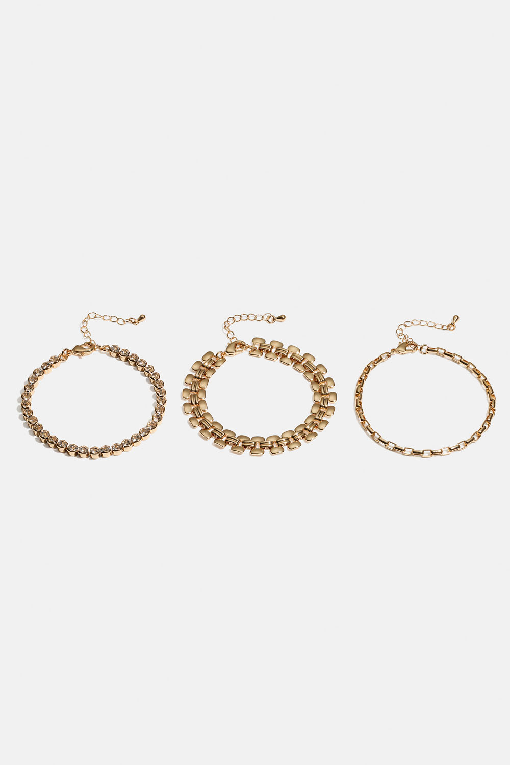 Gullfarget, kjedet armbånd med strass, 3-pakning