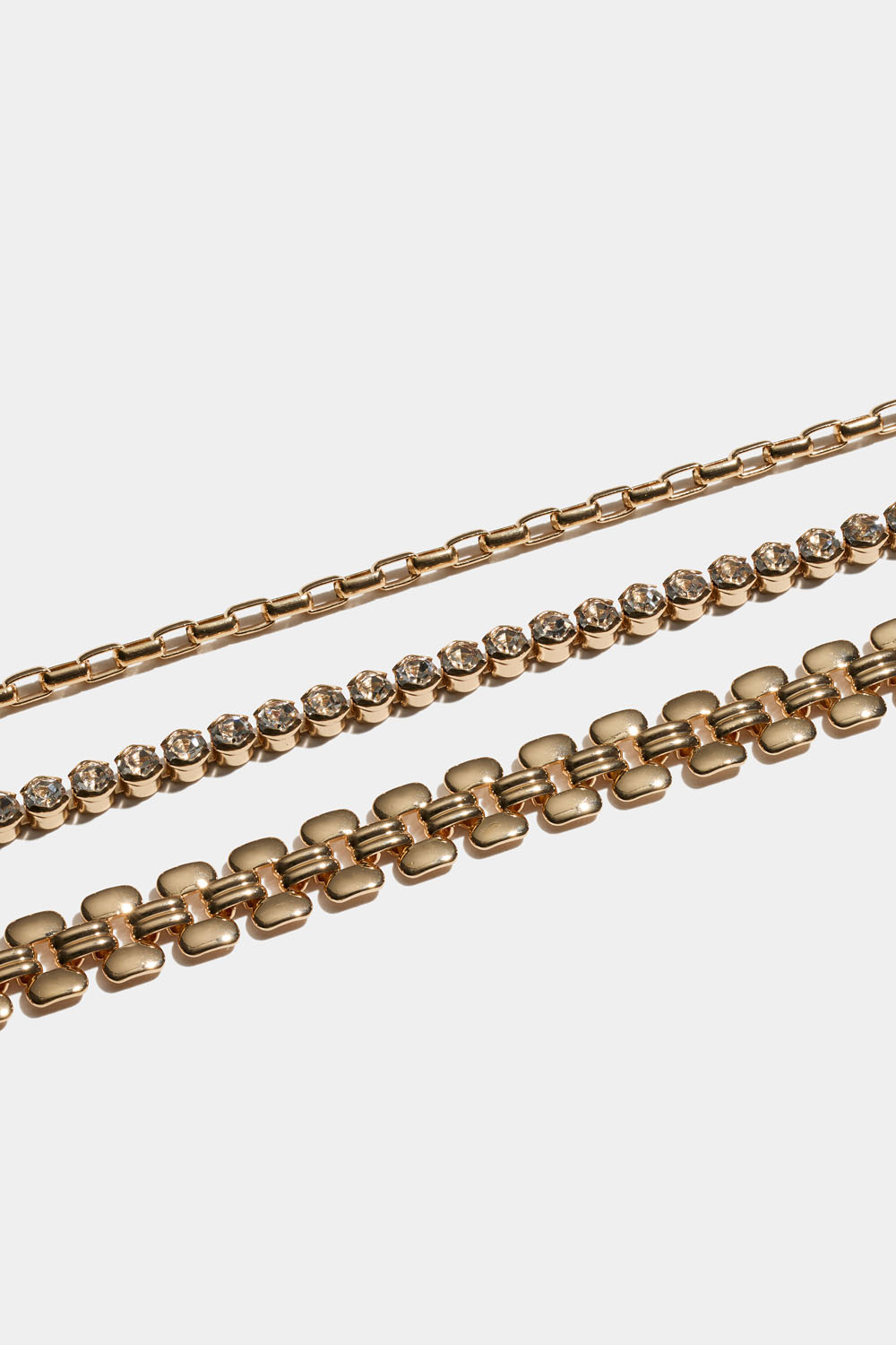 Gullfarget, kjedet armbånd med strass, 3-pakning