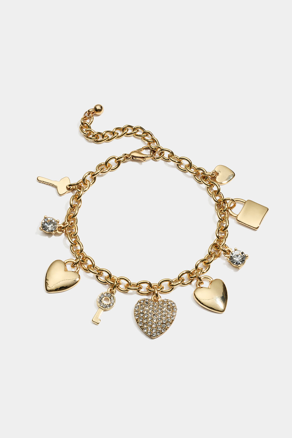 Gullfarget armbånd med nøkler og hjerter