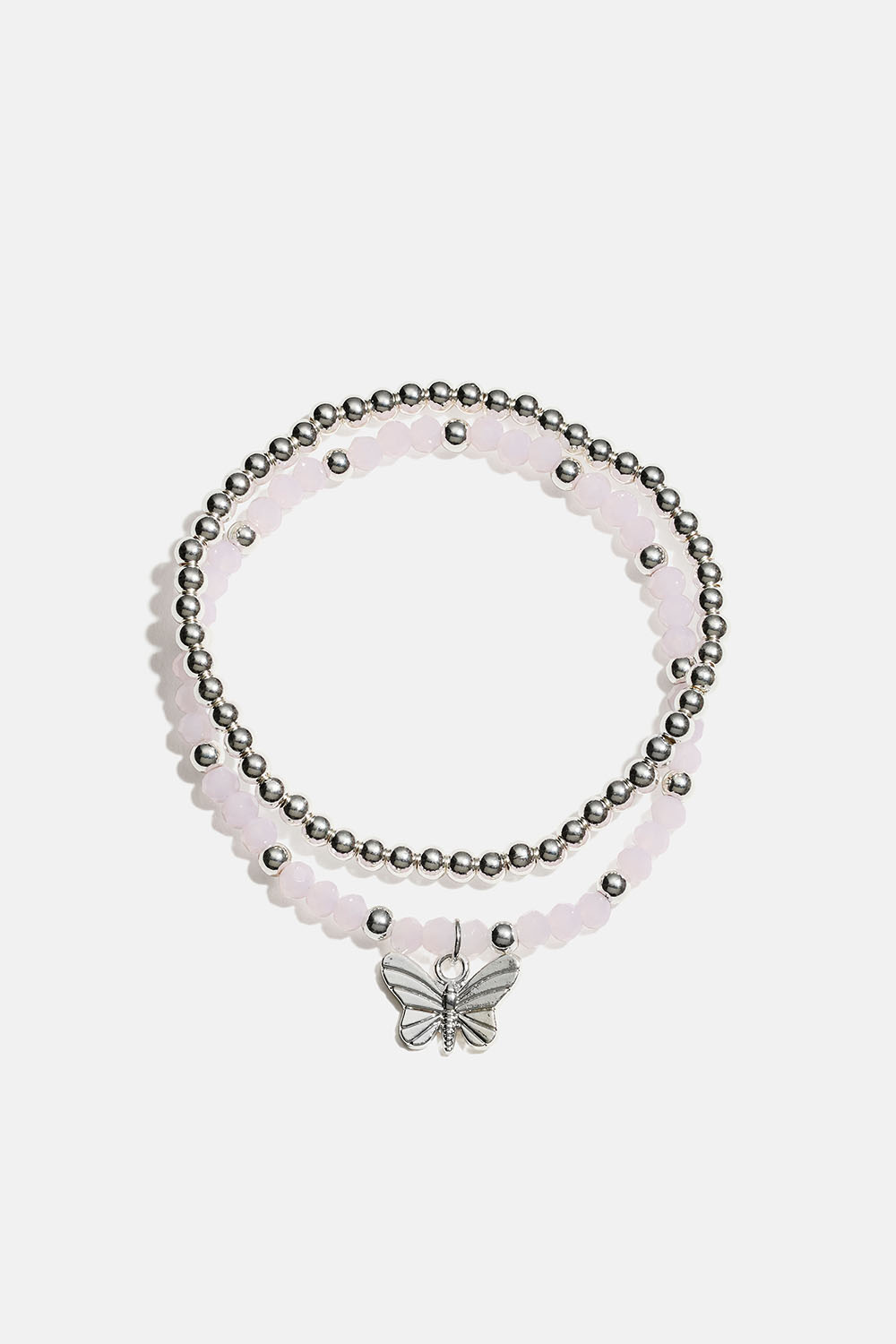 Elastiske armbånd med sommerfugl og rosa og sølvfargede perler, 2-pakning