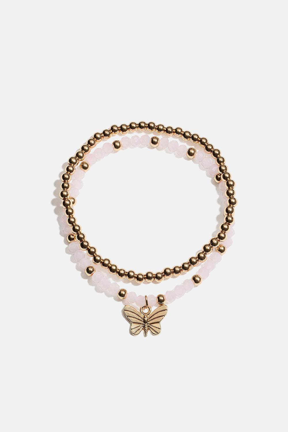 Elastiske armbånd med sommerfugl og rosa og gullfargede perler, 2-pakning