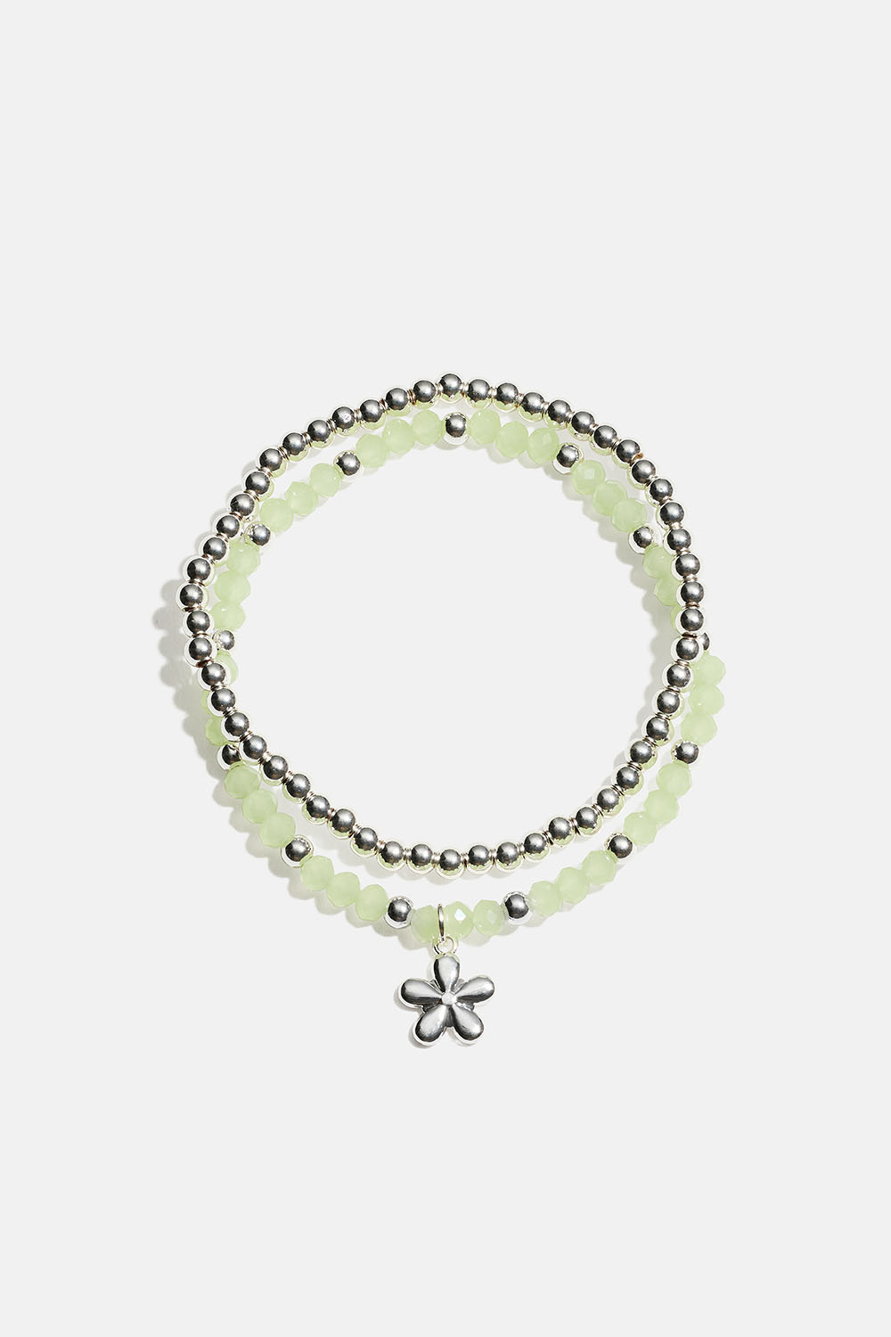 Elastiske armbånd med blomst og grønne og sølvfargede perler, 2-pakning