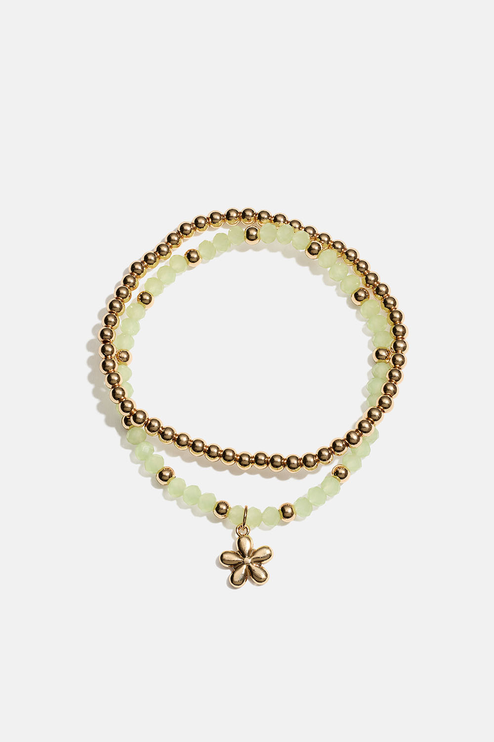 Elastiske armbånd med blomst og grønne og gullfargede perler, 2-pakning