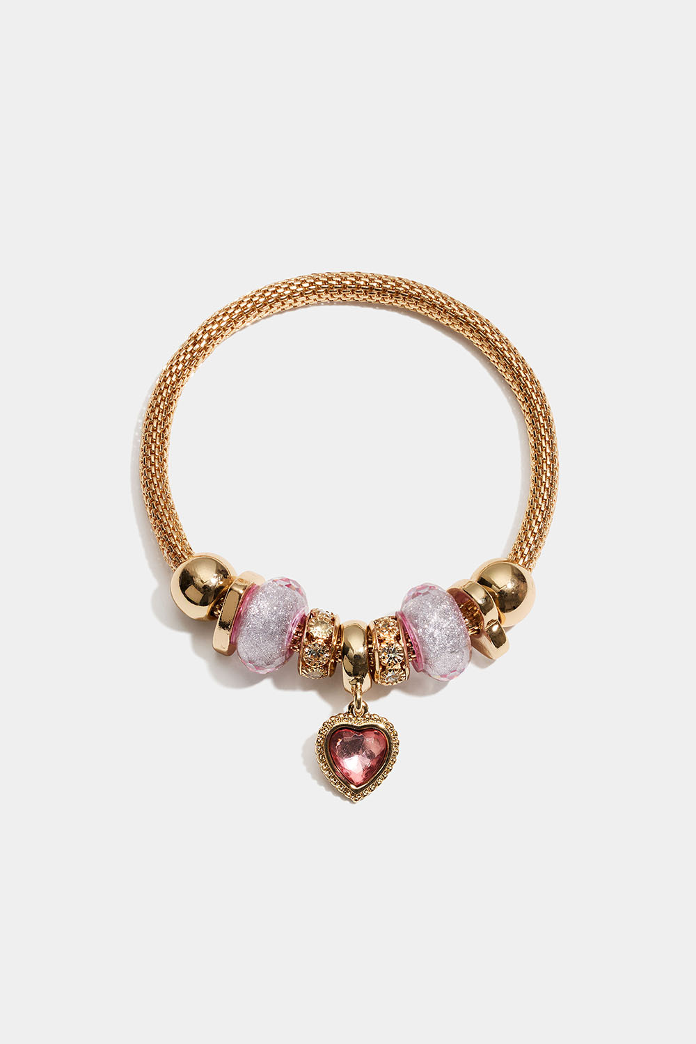 Elastisk gullfarget armbånd med anheng i rosa detaljer