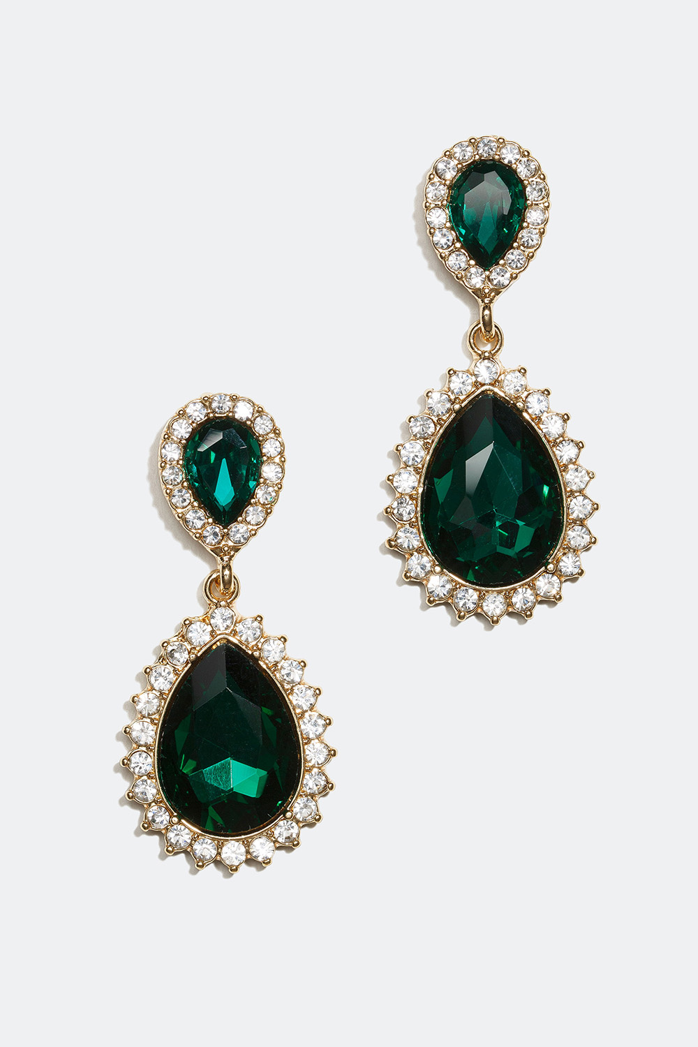 Øredobber med dråpeformet design samt hvite og grønne glassteiner