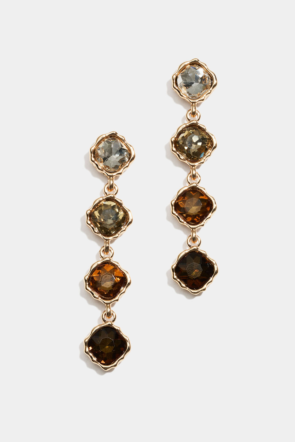 Øredobber med hengende brune og hvite glassteiner 