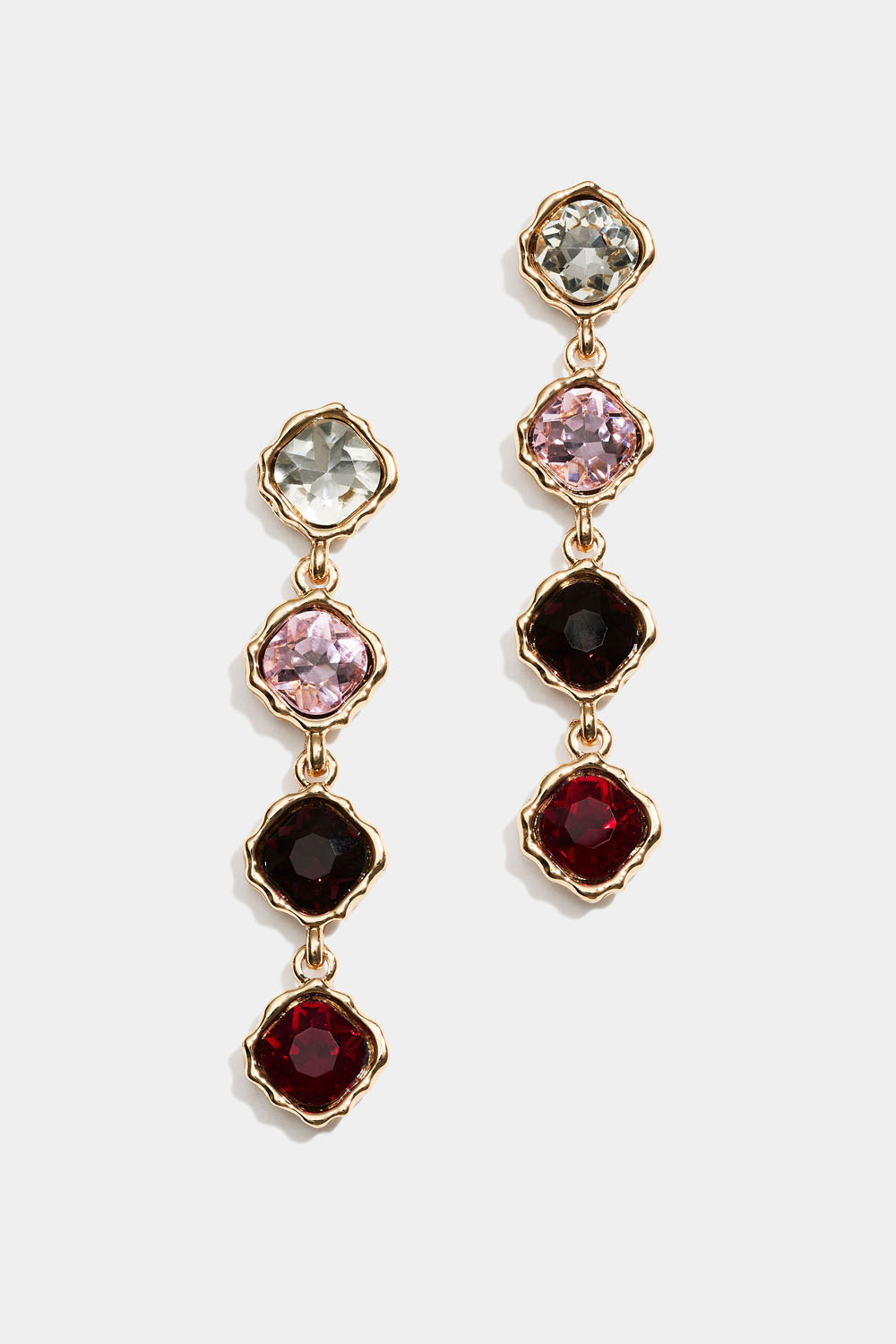 Øredobber med hengende rosa og røde glassteiner 