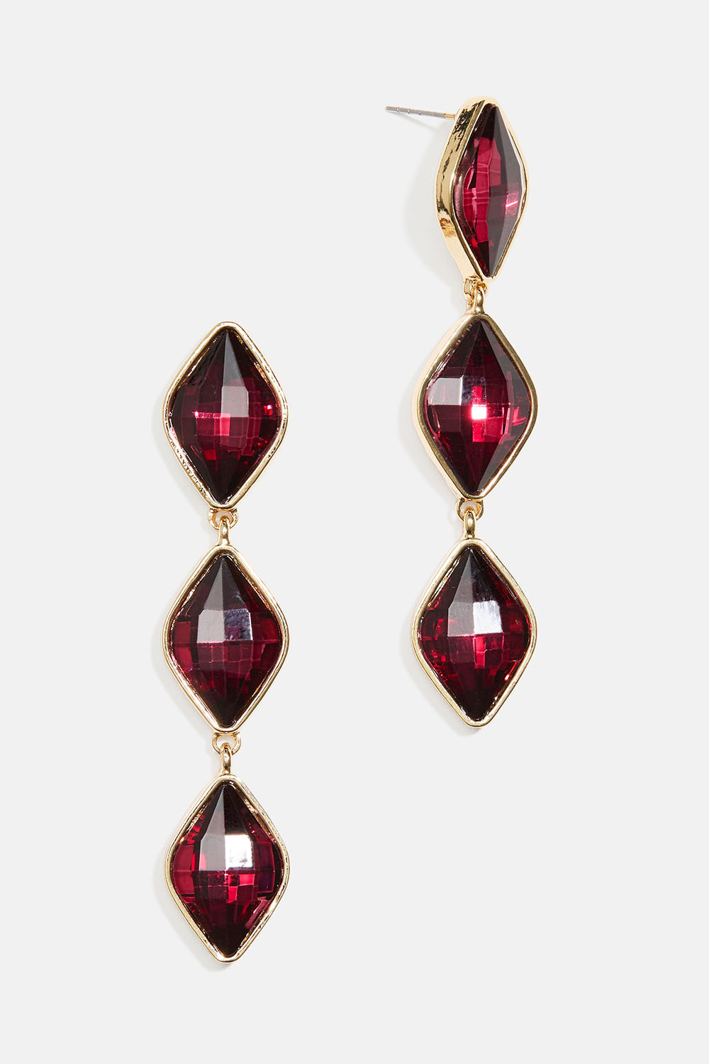Øredobber med diamantformede burgunderrøde glassteiner