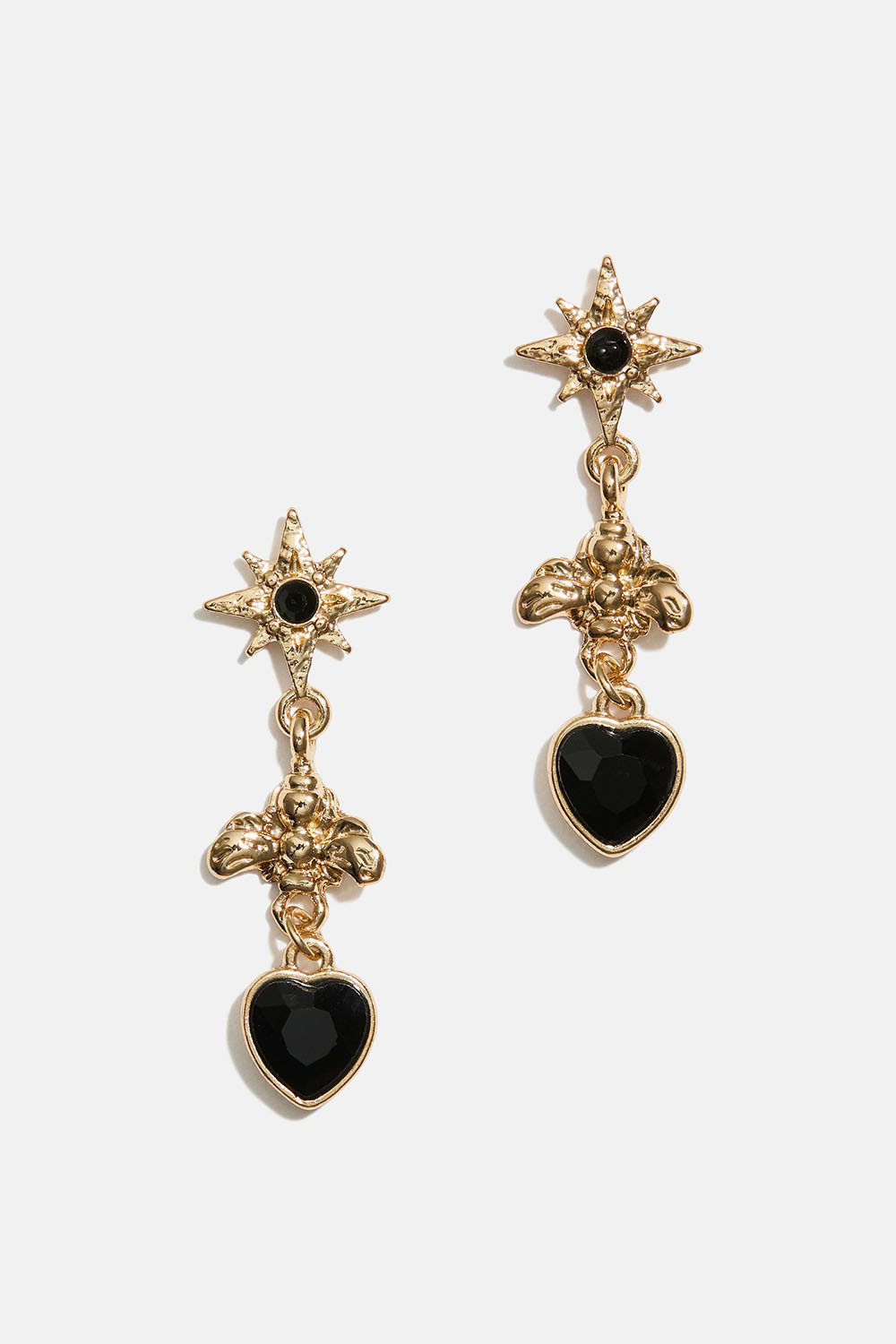 Øredobber med bier og svarte hjerter
