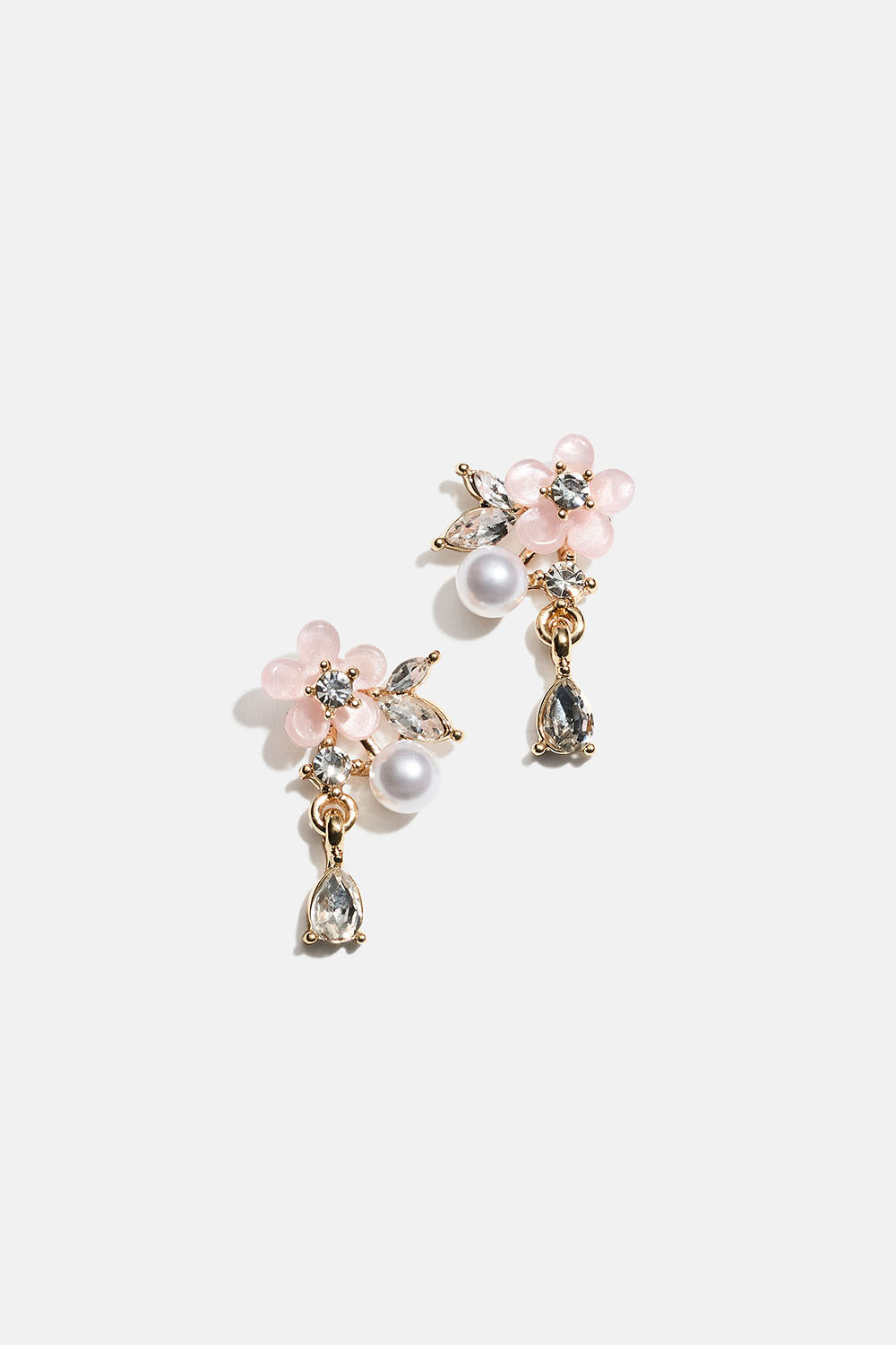 Øredobber med rosa blomster, perle og glassteiner