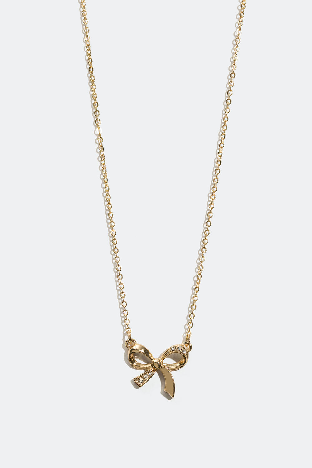 Gullfarget halskjede med sløyfe og glassteiner