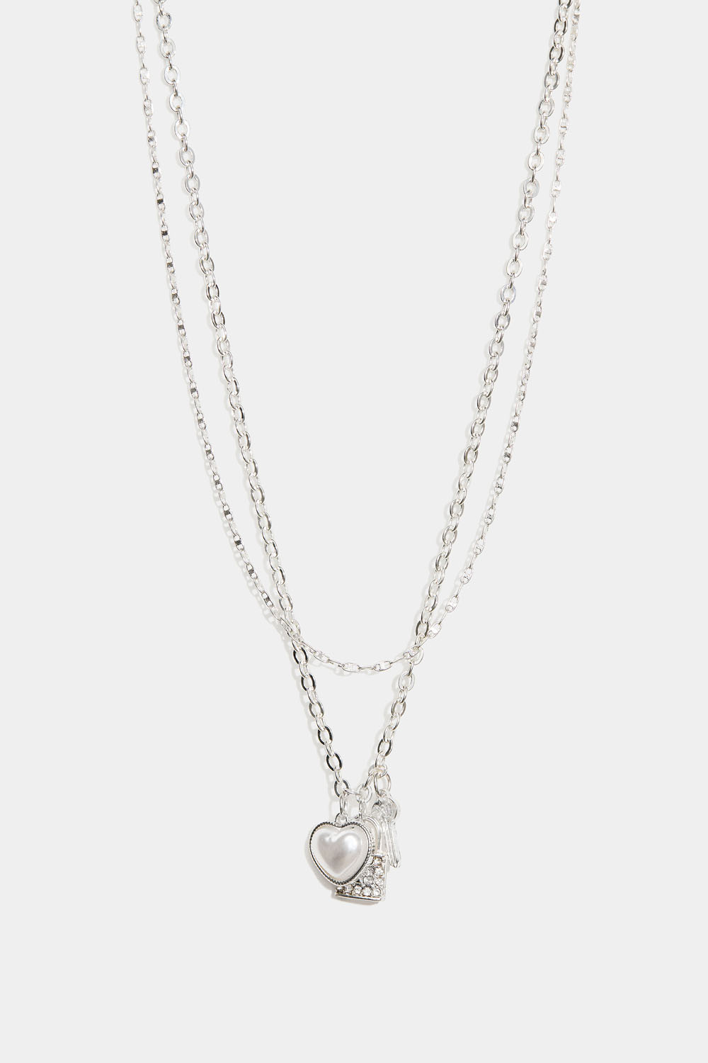 Dobbelt halskjede med hjerte, nøkkel og lås