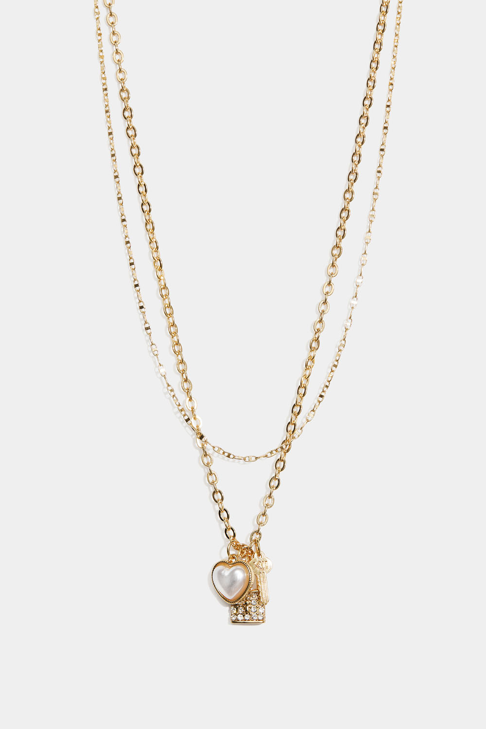 Gullfarget, dobbelt halskjede med hjerte, nøkkel og lås