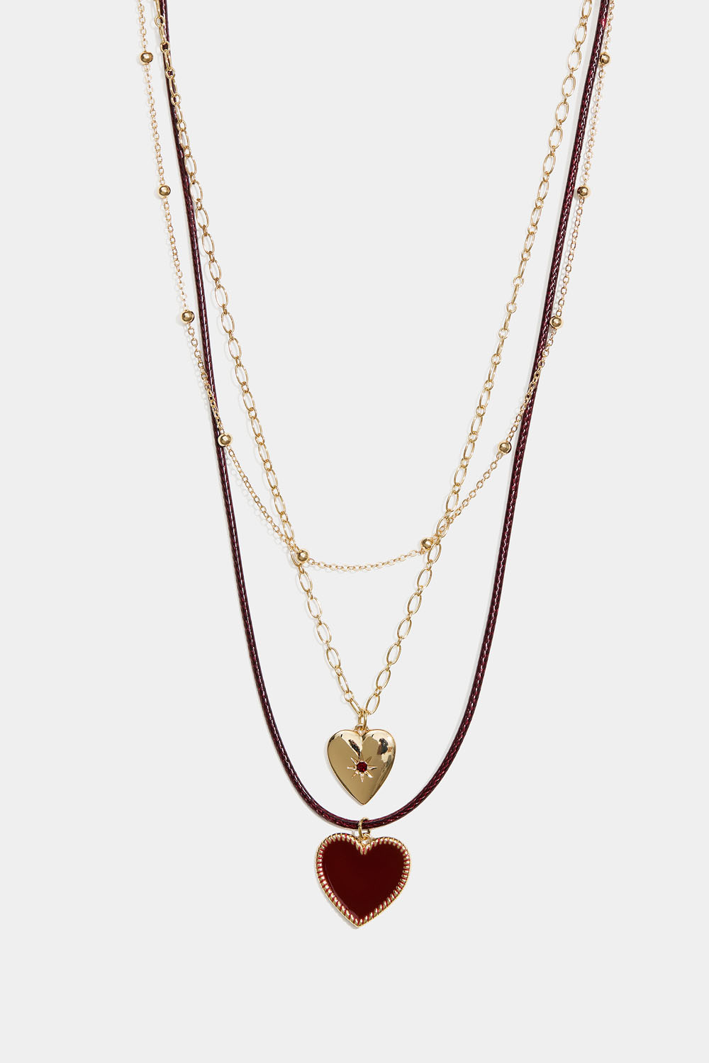 Gullfarget, trippel halskjede med hjerter og snor