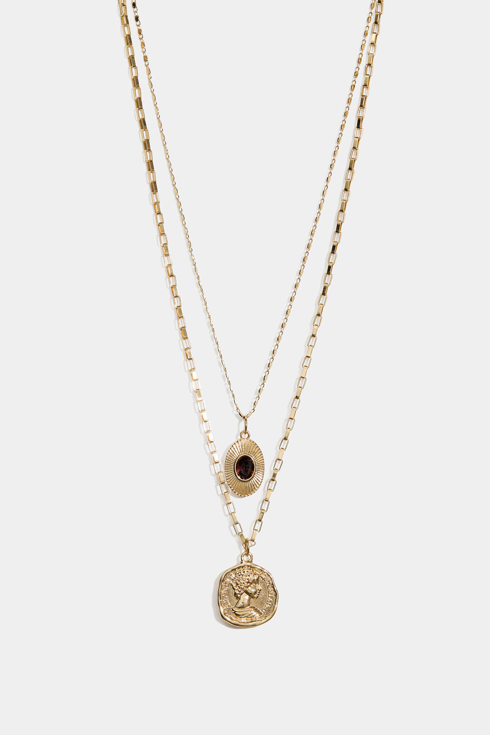 Gullfarget, dobbelt halskjede med myntcharms