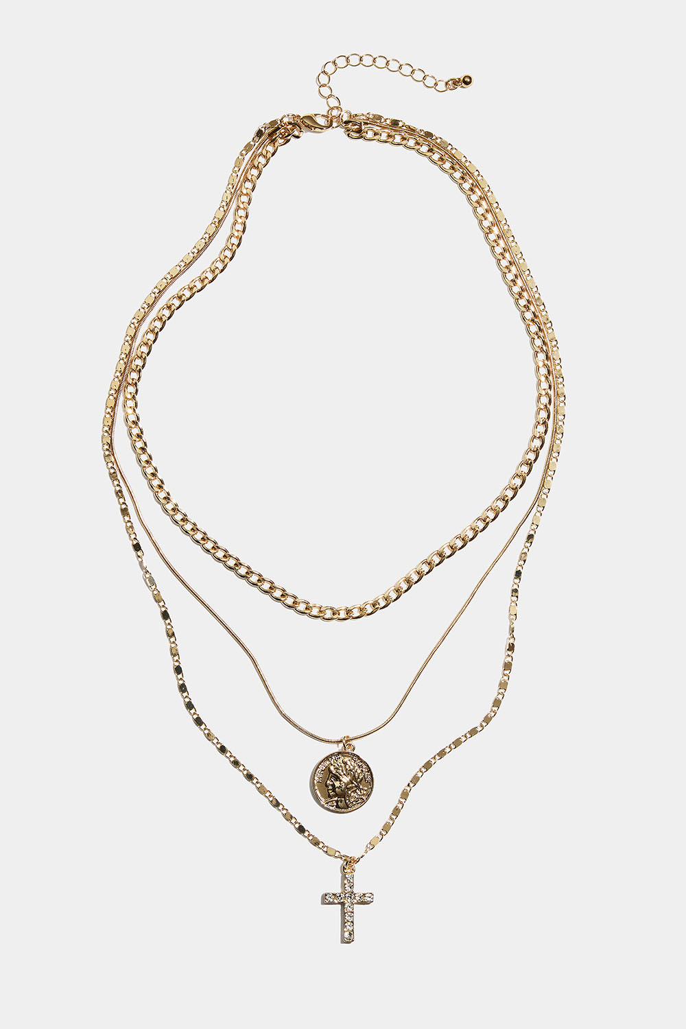Gullfarget trippelhalskjede med kors og mynt