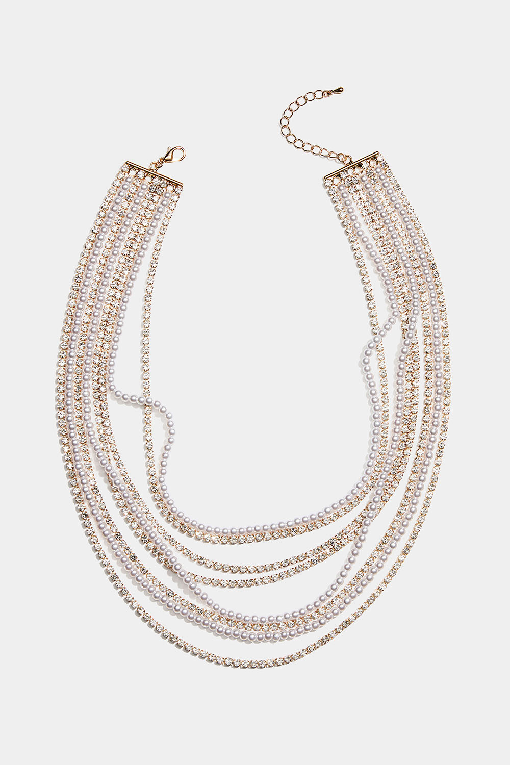 Gullfarget halskjede med åtte kjeder i strass og perler