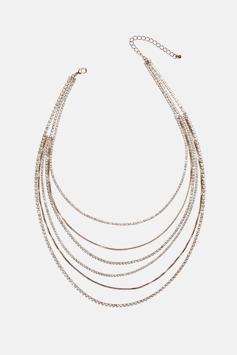 Gullfarget halsbånd i flere lag med kjeder og glassteiner