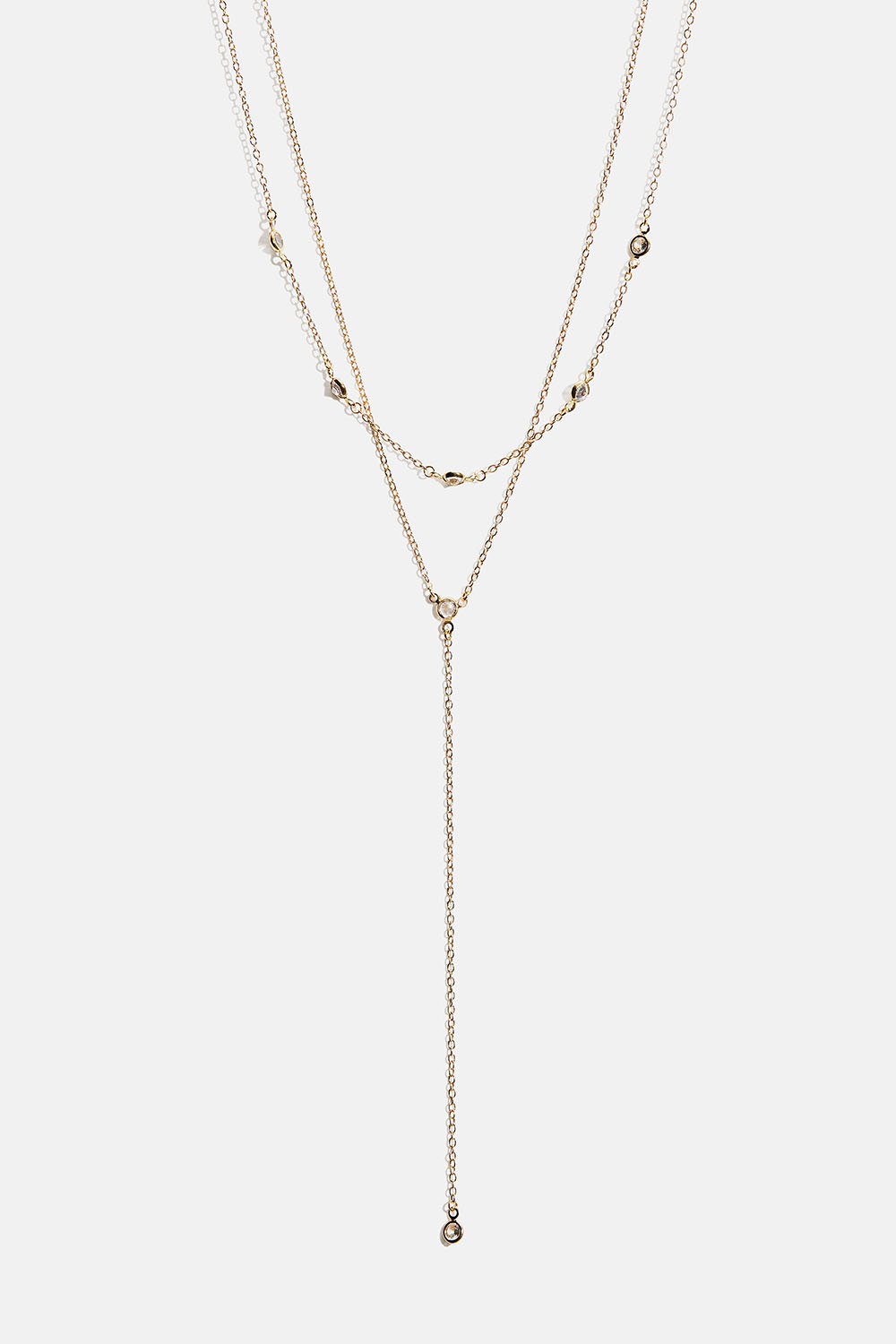 Gullfarget dobbelhalsbånd med små runde glassteiner